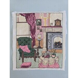 Finished Counted Cross Stitch Victorian Fireplace Armchair Window Scene Project